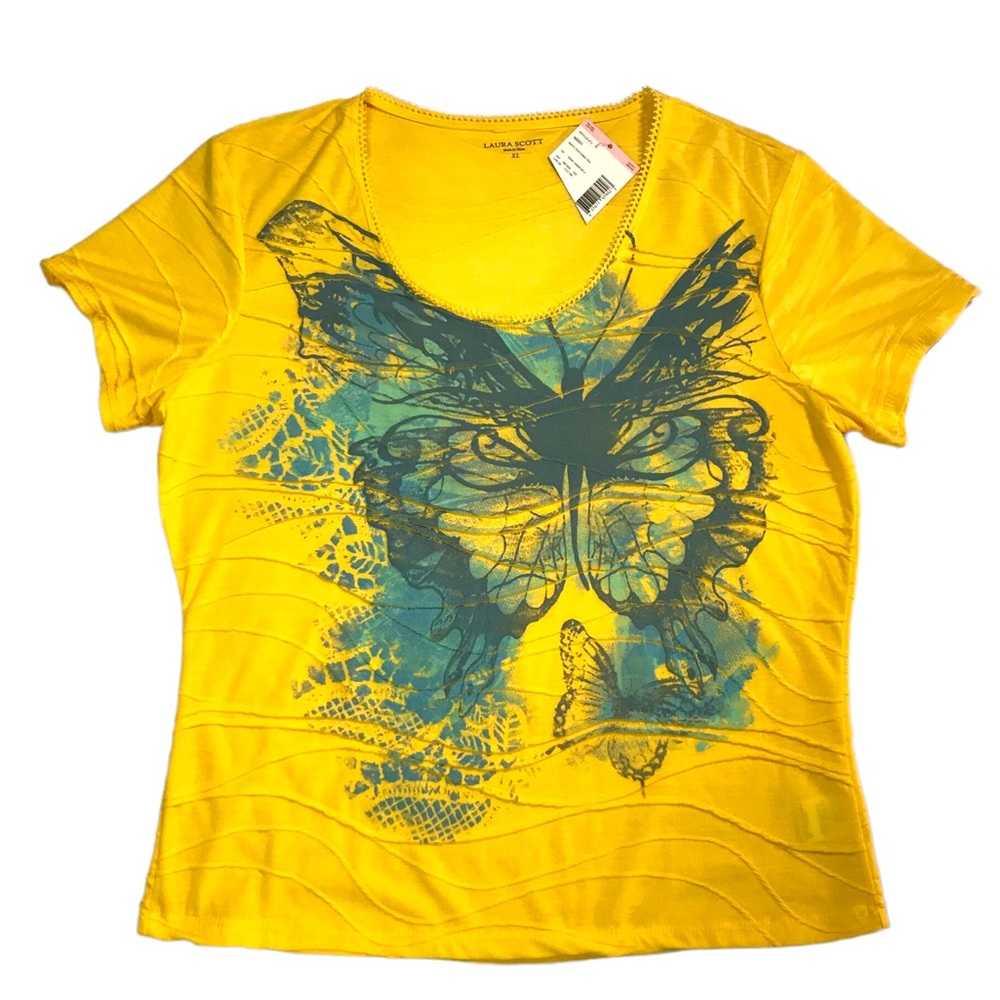 Laura Scott Womens Shirt X-Large Short Sleeve Yellow & blue butterfly
